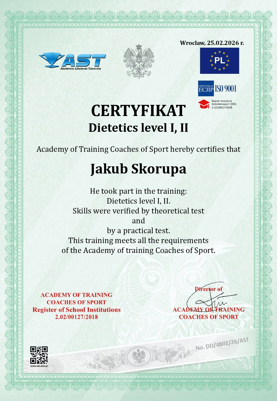 Certificate Dietetics Jakub Skorupa