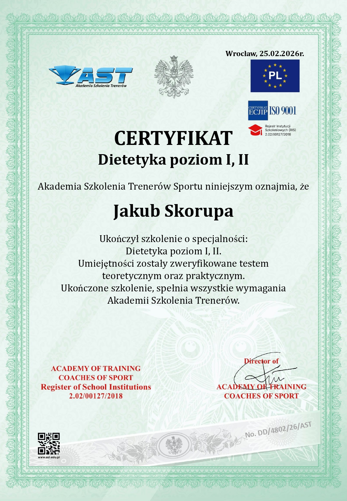 Certyfikat Dietetyka Jakub Skorupa